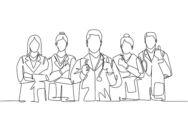 One line drawing of groups of young male and female doctors giving thumb up gesture. Medical concept