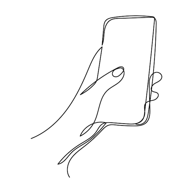 one line drawing hand holding smartphone Mobile phone communication device telephone display