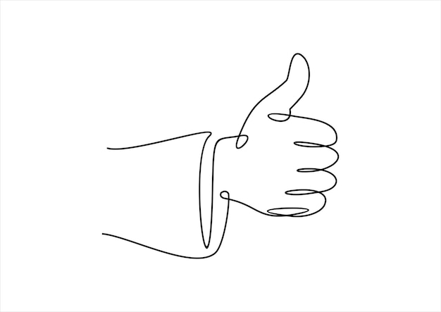 One line drawing of hand showing great sign. Continuous line finger up.