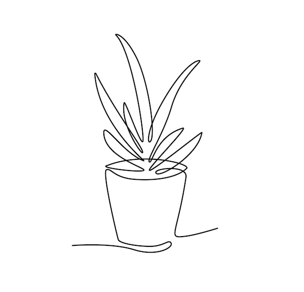 One line drawing House plant in pot Continuous line handdrawn Flower Isolated Vector Editable stroke