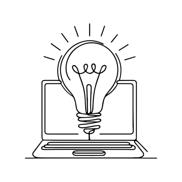 one line drawing of laptop with light bulb symbol idea vector illustration laptop with one line