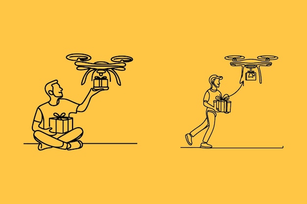 Vector one line drawing of a man flying a delivery drone delivering a gift box with a smile on