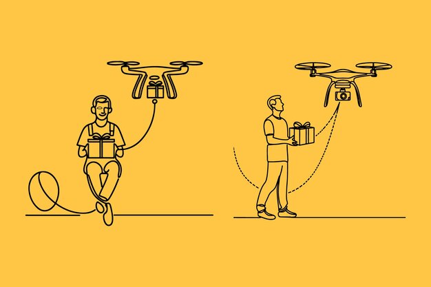 one line drawing of a man flying a delivery drone delivering a gift box with a smile on