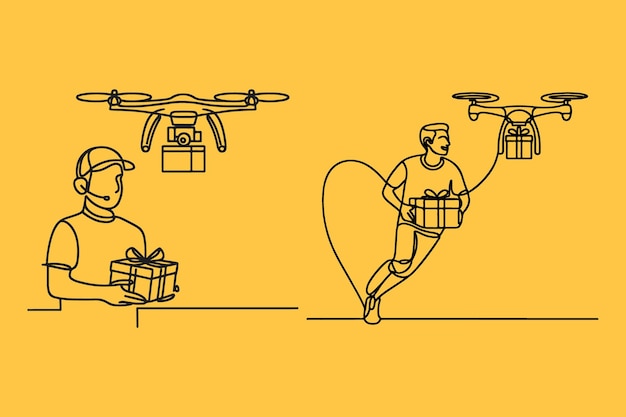 one line drawing of a man flying a delivery drone delivering a gift box with a smile on