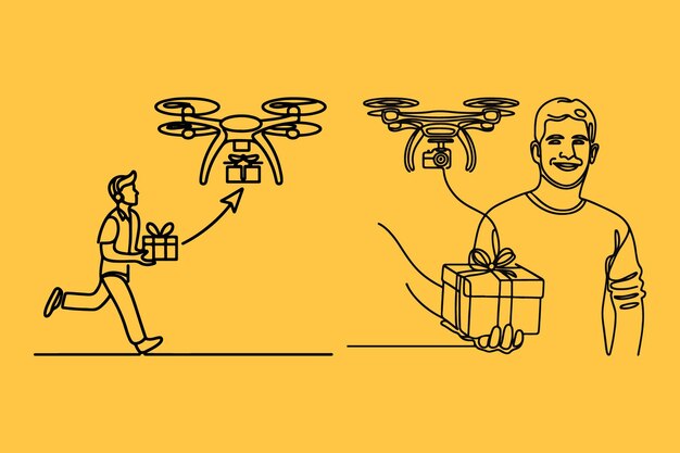 Vector one line drawing of a man flying a delivery drone delivering a gift box with a smile on