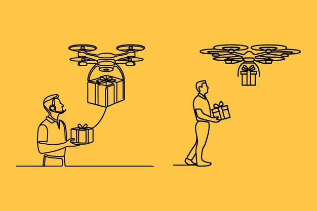 Vector one line drawing of a man flying a delivery drone delivering a gift box with a smile on