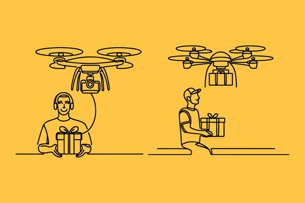 Vector one line drawing of a man flying a delivery drone delivering a gift box with a smile on