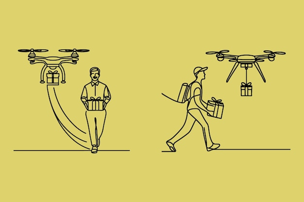 one line drawing of a man flying a delivery drone delivering a gift box with a smile on