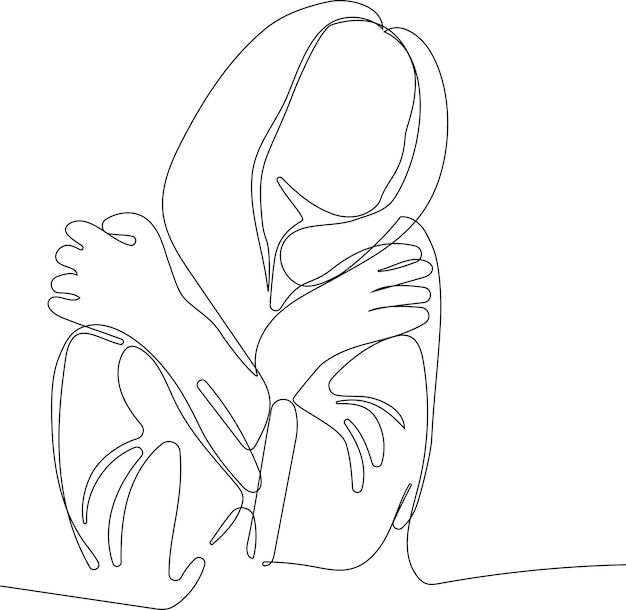 one line drawing of man hugging him self vector minimalism. Single hand drawn continuous of man