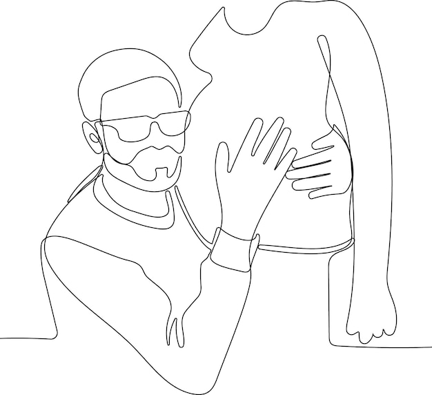 one line drawing of man hugging him self vector minimalism. Single hand drawn continuous of man