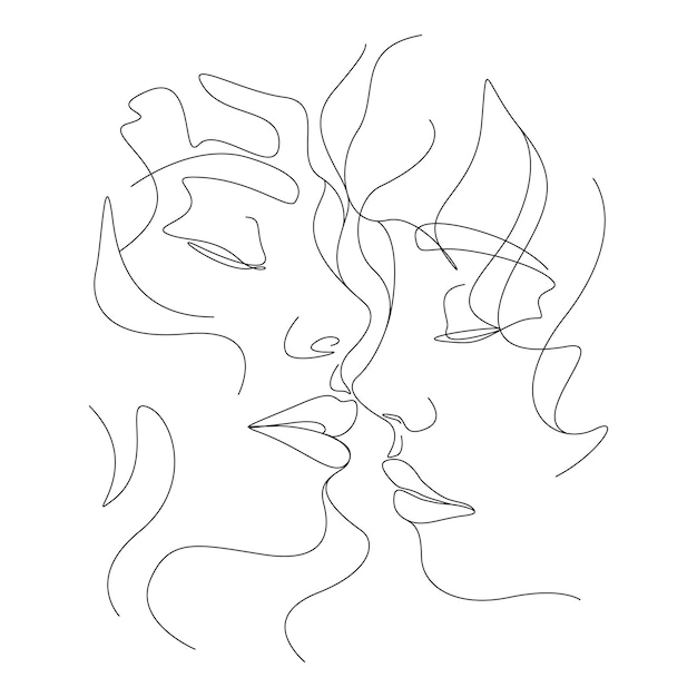 one line drawing minimalist couple kissing face illustration in line art style