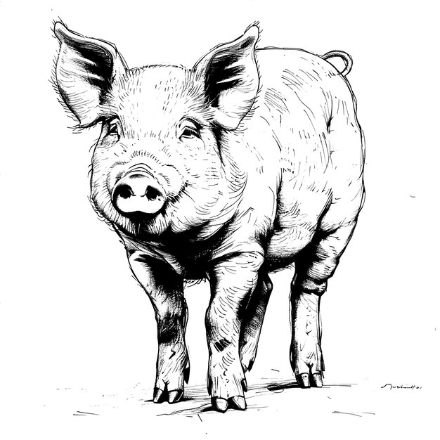 Vector one line drawing style of a pig figure with a long tail