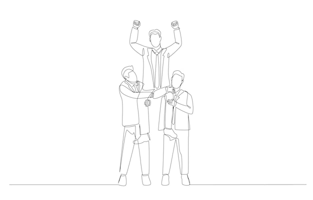 One line drawing of two businessmen carry colleague on their shoulders business team celebration