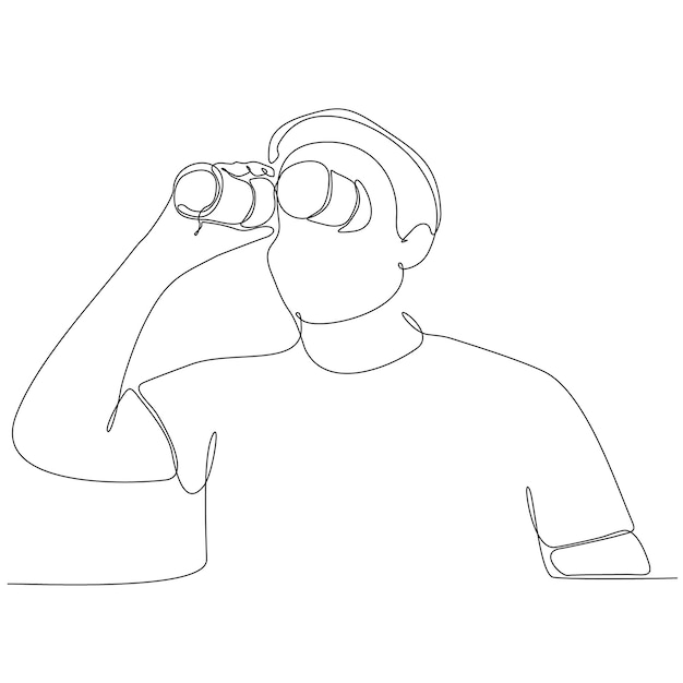 One line drawing of young business man looking through binoculars looking for work.