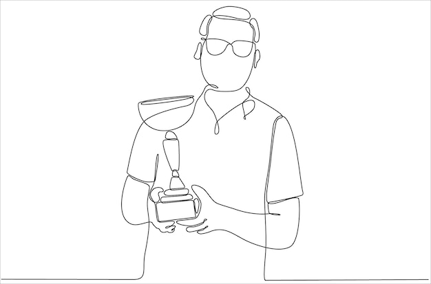 One line drawing of young man lifting gold cup with one hand premium vector