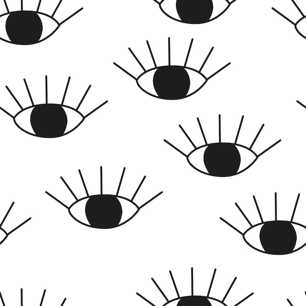 One line eye drawing seamless black and white pattern doodle simple background