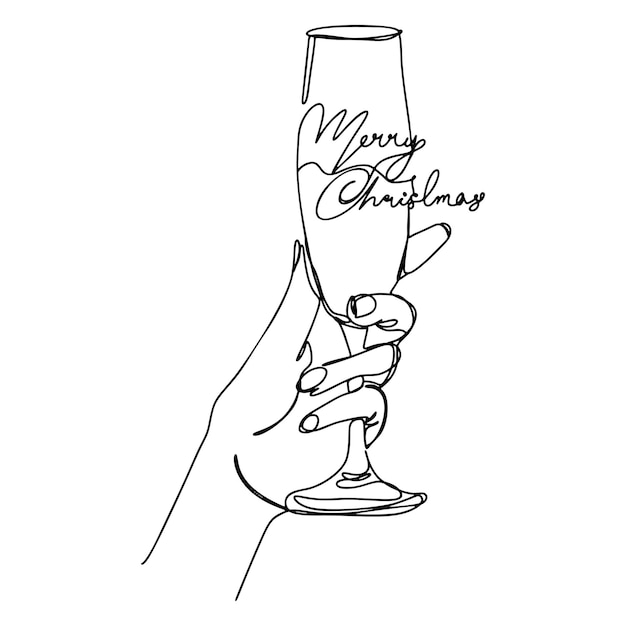 One Line Glass in Hand Merry Christmas Lettering Continuous Line Drawing