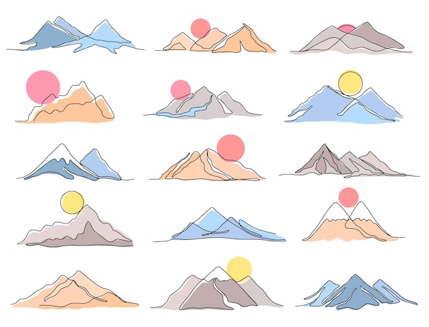 One line mountains range landscape Sunset sun under mountain peak minimal outline nature and abstract hill vector illustration set