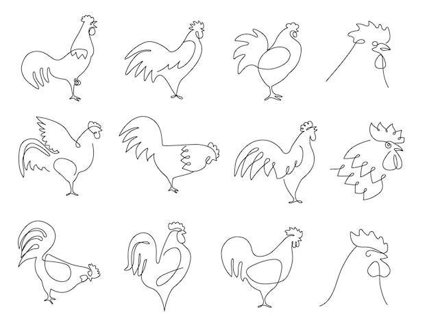 One line roosters Farm bird silhouette rooster portrait and hand drawn cock continuous line illustration vector set