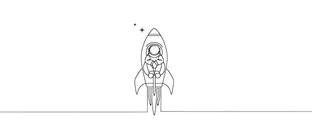 one line vector rocket One continuous line drawing of a simple spaceship flying astronaut