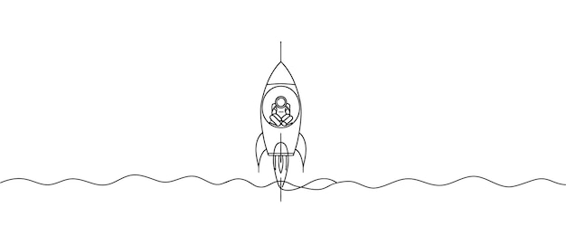 one line vector rocket One continuous line drawing of a simple spaceship flying astronaut