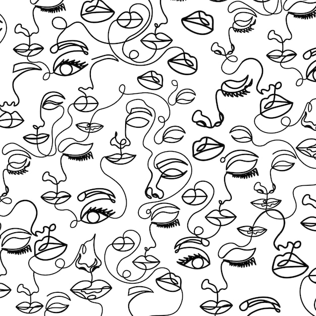 One line women faces abstract seamless pattern