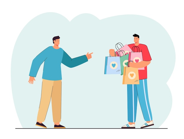 One man pointing finger at another one holding shopping bags with hearts on them. Friends envy and jealousy flat vector illustration. Relationship concept for banner, website design, landing web page