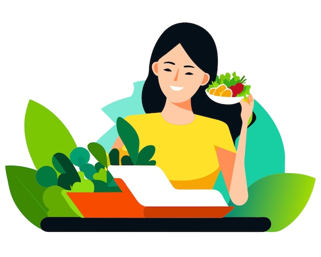 Vector one person eating salad vector illustration