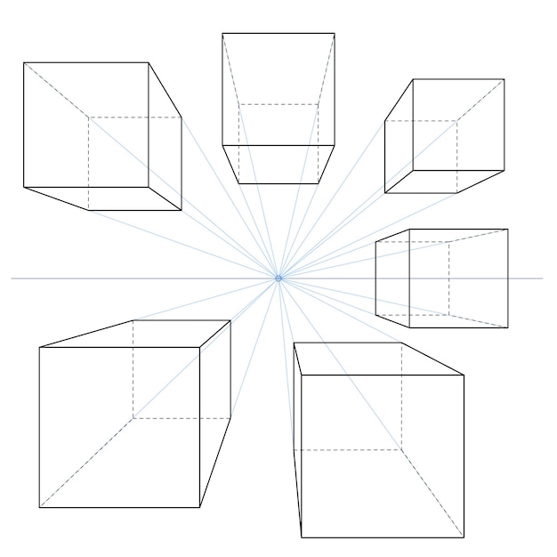 One Point Perspective Line Drawings Vector Set of Cubes and Parallelepipeds