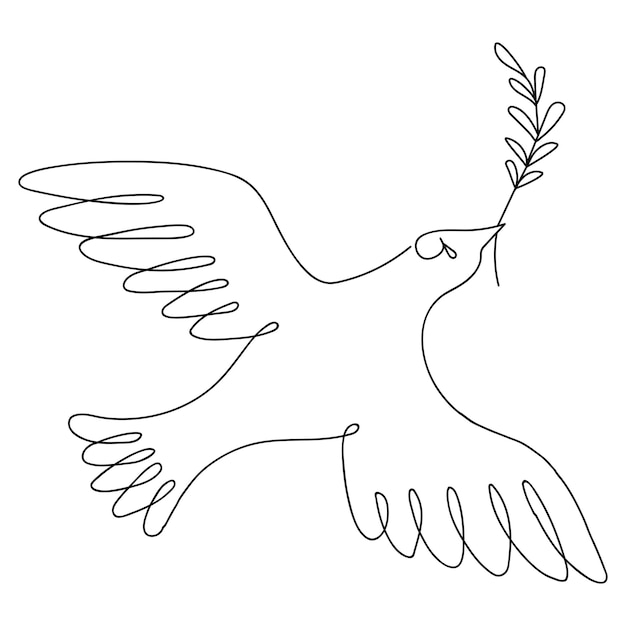 One single line drawing of fly dove bird with branch of the plant Cute pigeon of peace Dynamic continuous line draw design graphic vector illustration