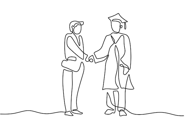 One single line drawing of a student graduate with lecturer isolated on white background A lecturer gives diplomas to the students and shakes hands Education graduation concept Vector illustration