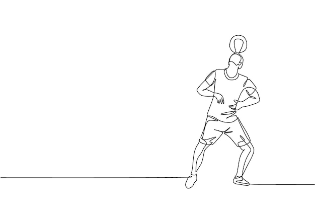 One single line drawing of young happy man perform soccer freestyle keep balancing the ball on head