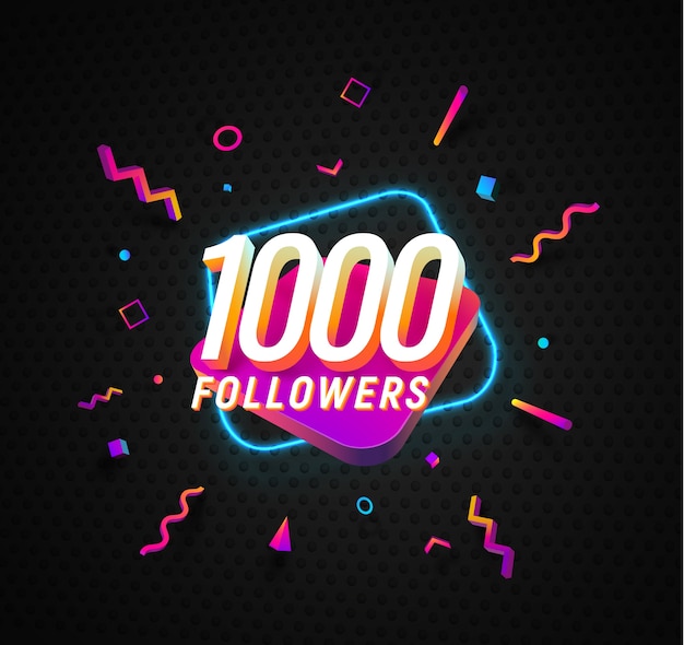 One thousand followers celebration in social media vector web banner on dark  background