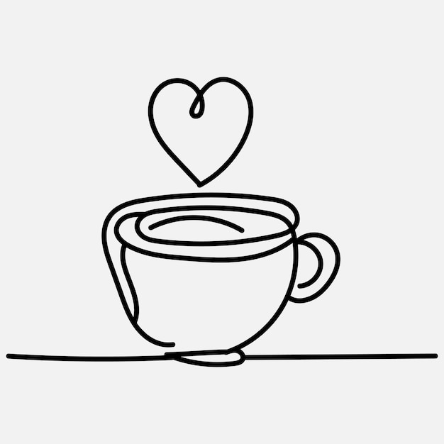 Vector oneline art of handdrawn cup of coffee with heart symbol decorated in a vector design