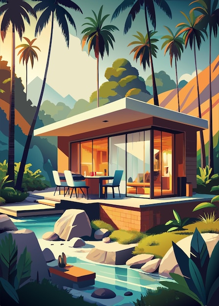 Vector a onestory tropical style vacation home decorated with glass all around the house with three