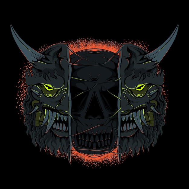 oni mask detail illustration and demon skull for tshirt design