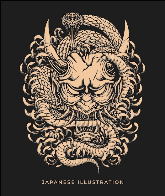 Oni mask illustration design with dark art style