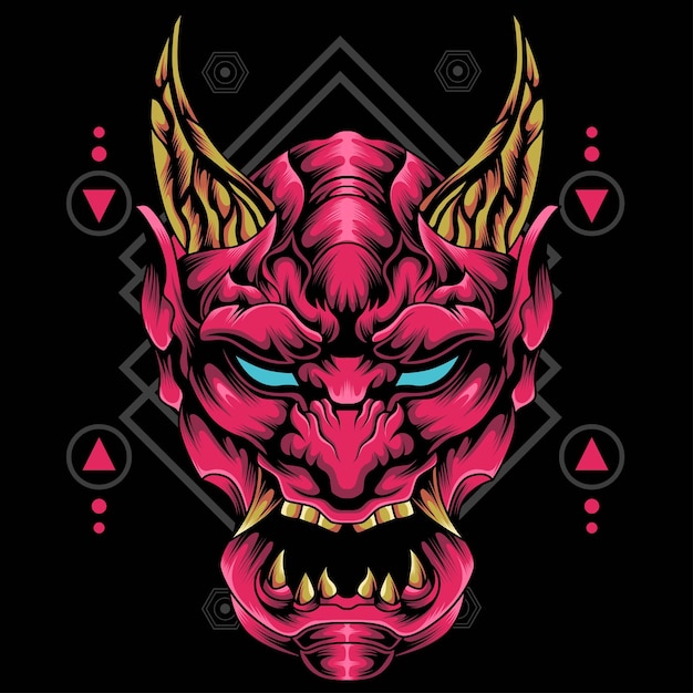 Oni mask illustration with sacred geometry background