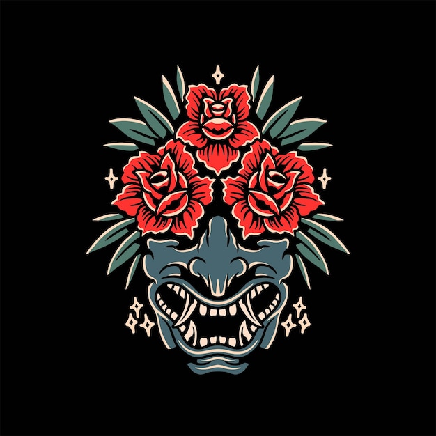 oni mask and rose tattoo vector design