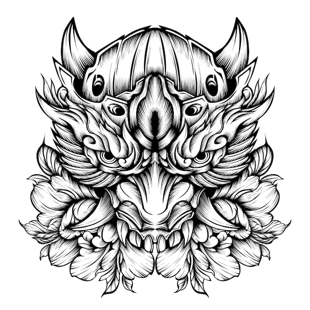 Oni mask tattoo tribal design vintage illustration