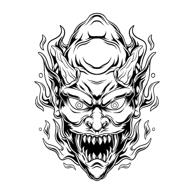 Vector oni mask with fierce expression with fire effect mascot illustration