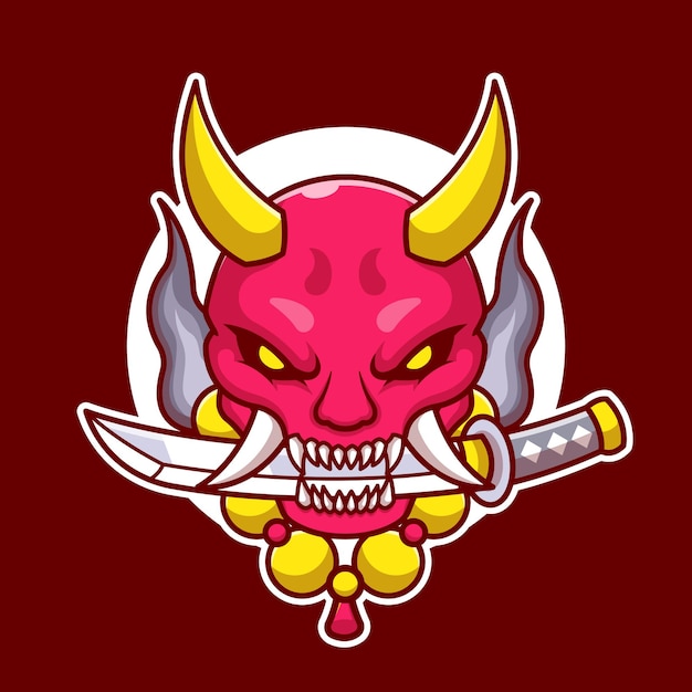 Oni Mask With Sword Cartoon Illustration.