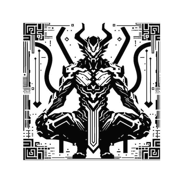 Vector oni silhouete with cyberpunk pattern illustration