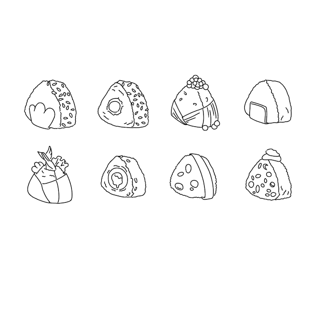 onigiri japanase food hand drawn doodle illustrations vector set