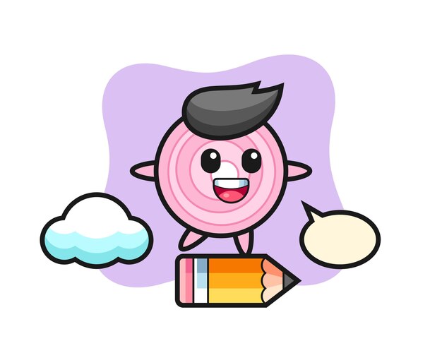 Onion rings mascot illustration riding on a giant pencil, cute style design for t shirt, sticker, logo element