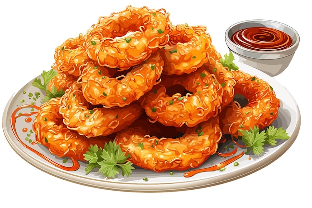 Vector onion rings on white plate and white background complete with tomato sauce