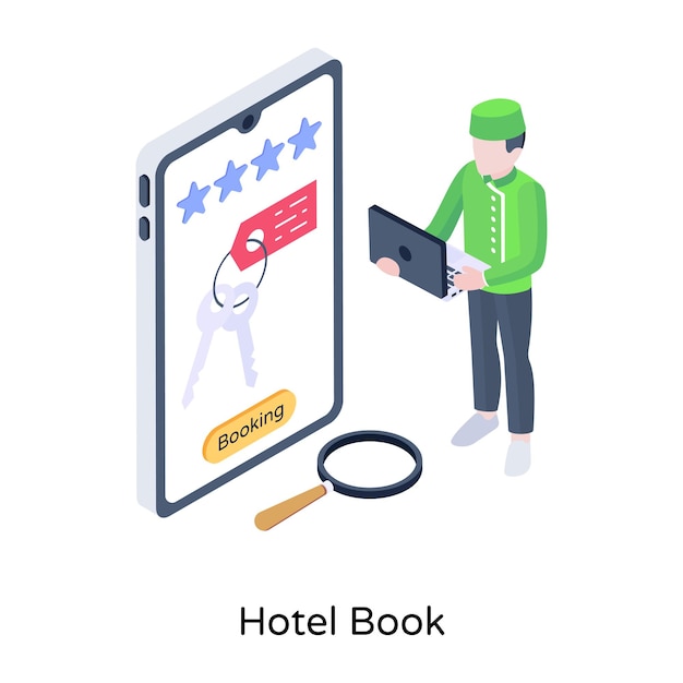 Online accommodation isometric illustration of hotel book