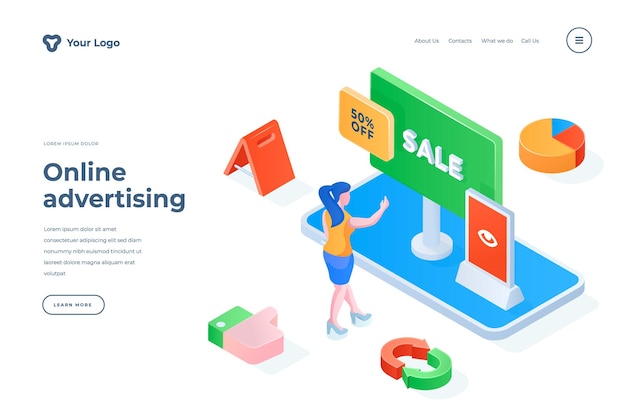 Online advertising isometric landing page template Smartphone app for tracking sales and discounts web banner SMM professional content generation Mobile commercials creation website design layout