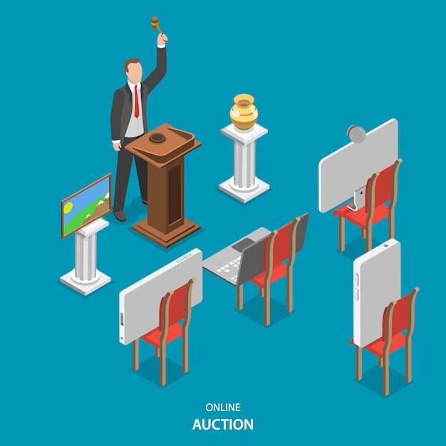 Online auction isometric flat vector concept. 