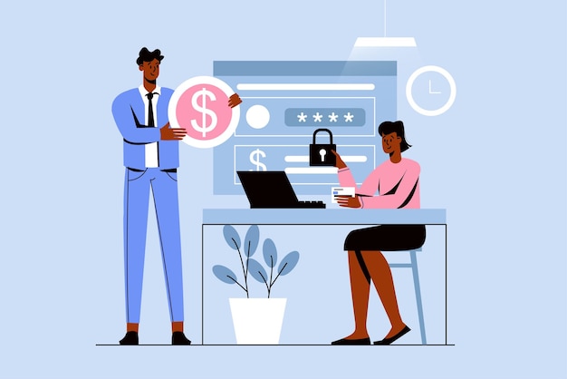 Online banking blue concept with people scene in the flat cartoon design Man came to the bank